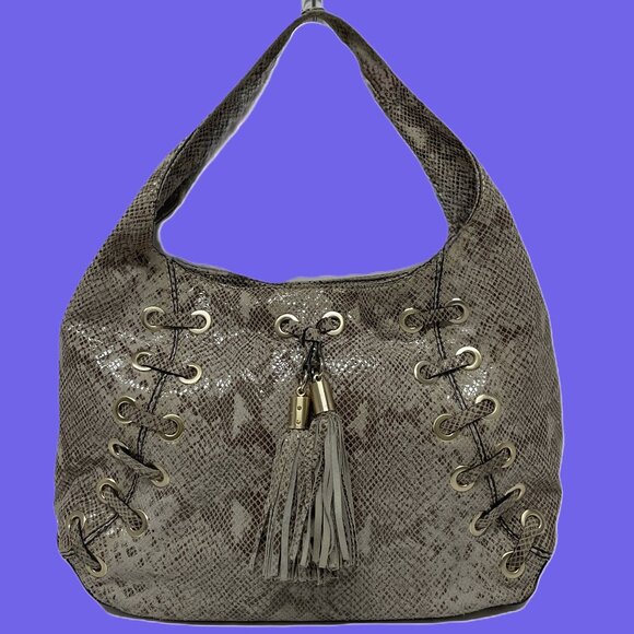 MICHAEL KORS Handbag Beige Tan XL Snakeskin Retile Tassel Laced *EUC* STYLISH!! - Picture 1 of 16